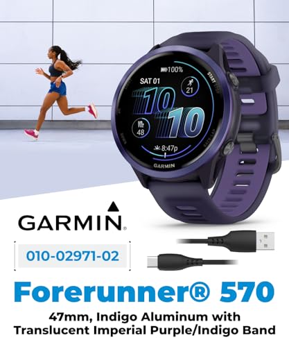 Image of Garmin Forerunner 570 47mm Advanced GPS Running & Triathlon Smartwatch AMOLED Display, Training & Recovery, Indigo Aluminum w /Translucent Imperial Purple /Indigo Band w / Wearable4U White EarBuds Bundle