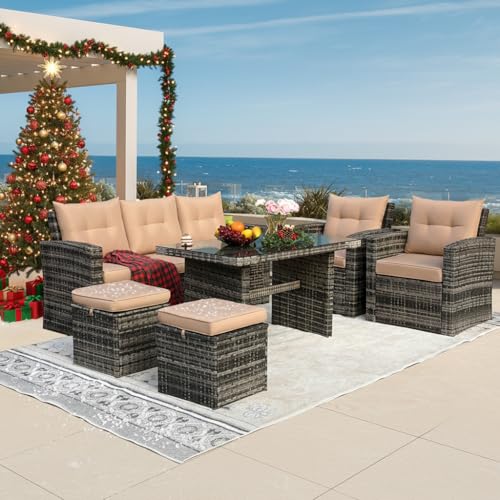 ZJEYEJZ 6 Pieces Patio Furniture Set - All-Weather Outdoor Wicker Sectional Conversation...