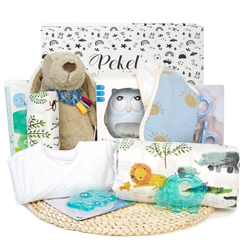 PEKEL'S Canastilla para Bebé Recién Nacido | Cesta Unisex para Niña y Niño con Muselina, Ropa, Peluche y Accesorios Esenciales | Set de Regalo Ideal para Baby Shower y Nacimiento