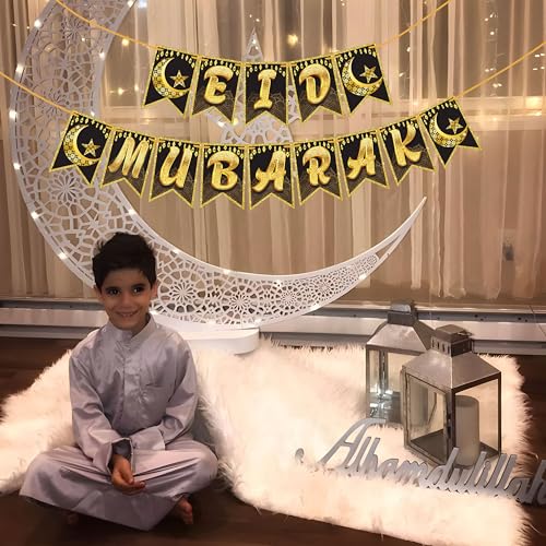 Image of WOBBOX Eid Mubarak Beautiful Golden Color Moon Bunting Banner, Ramadan Decoration Items, Eid Mubarak Decorations
