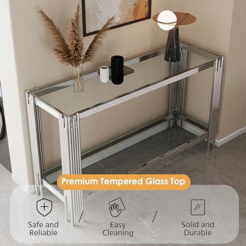 Minheola GLASS CONSOLE TABLE Modern Entryway Table With Silver Stainless Steel Leg, 2-Tier Narrow Console Table With Storage, Long Sofa Table Behind Couch,Hallway Table For Living Room Foyer Entrance thumb #3