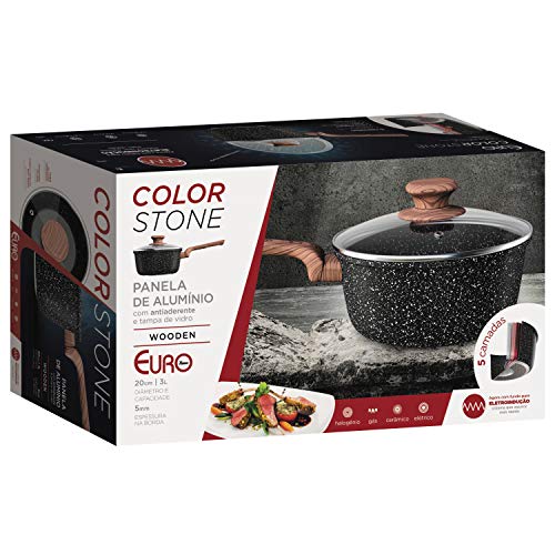 Panela 20 cm ColorStone de alumínio com antiaderente e tampa de vidro, 20 cm, Wooden, Euro Home