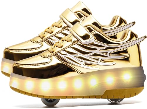 AIkuass USB Chargeable LED Light Up Double Roller Shoes Boys Girls Kids Wheeled Skate Shoes