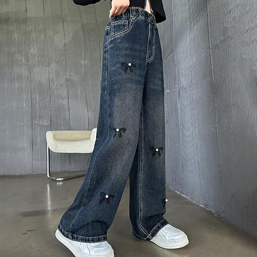 Bow Jeans for Girls Straight Leg Baggy Button Denim Pants Elastic Waist Trousers Kids Trendy Y2k Streetwear with Pockets4