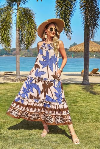 Image of GRACE KARIN 2026 Women's Floral Halter Maxi Dress Boho Summer Beach Sundress with Tiered Ruffle Skirt