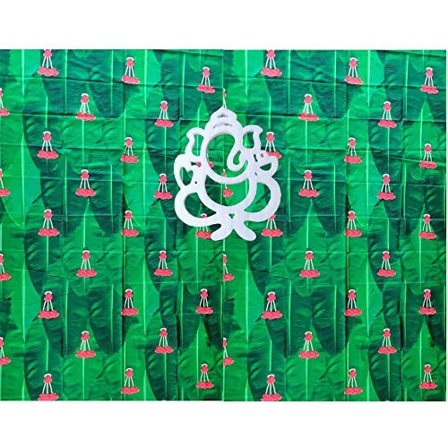 Image of ZEONELYMART Banana Leaf Backdrop Cloth with Small Red Flower Hangings for Pooja, Housewarming and Wedding etc Events Decoration 10 X 8 Feet ((Banana Leaf red Flower Cloth with Ganesh)
