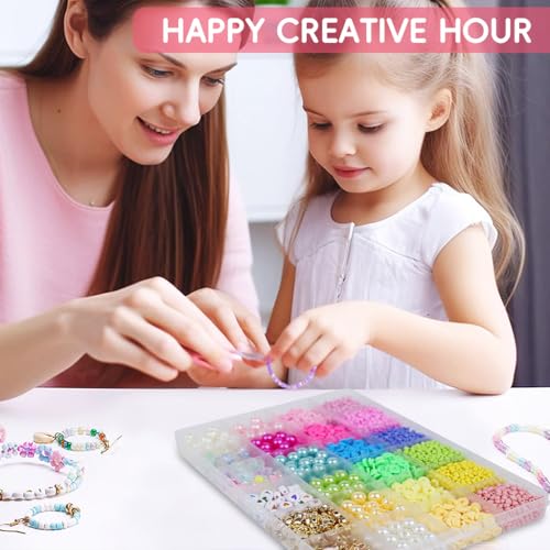 Image of SANNIDHI Seed Beads Clay Beads for Bracelet Making, Colorful Pearls Beads for Jewellery Making, DIY Polymer Beads Set Kit Girls Craft Beads for Kids Activity with Charms, Scissors & 2 Crystal Lines