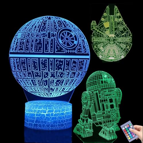 Probuk 3 Piezas Luz de Noche 3D Star Wars Lampara, 3D Luz Nocturna Infantil con 7 Colores Toque Inteligente & 16 Colores Control Remoto, Lámpara de Decoración, Regalo de Star Wars para Niños Niñas