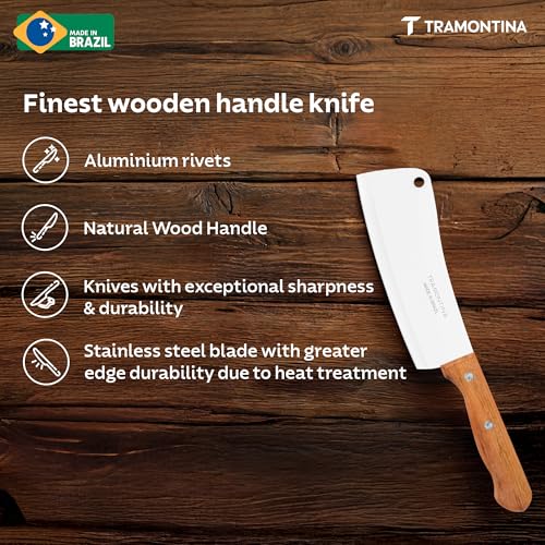 Image of TRAMONTINA Dynamic 15cm Cleaver | Heat-Treated Stainless Steel Blade | Natural Wood Handle with Aluminum Rivets | Powerful & Durable Meat Chopper