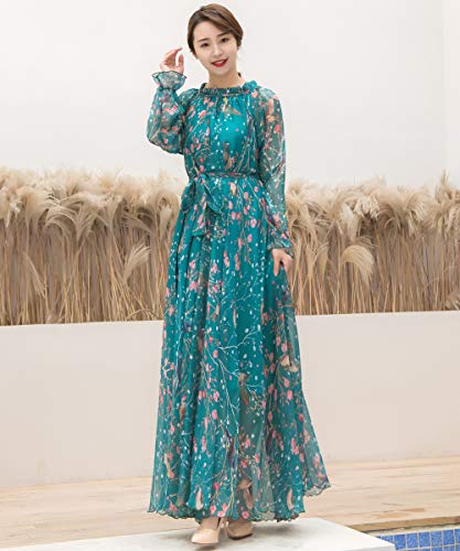 MedeShe Women's Long Sleeve Floral Holiday Beach Bridesmaid Maxi Dress Sundress (Blue Birds Flowers, M/L)