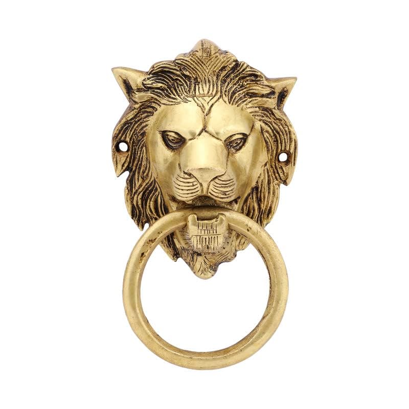 Image of Brass Lion Face Shape Design Door Pull Handle Heavy Antique Royal Brass Door Knocker for Main Glass Wooden Door, Cabinet, Drawer (Golden, 5.5 inches)