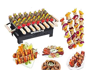 Wellberg Portable Picnic Charcoal Barbeque Grill with 6 Skewers, 1Grill, 1 Glove & 1 Tong