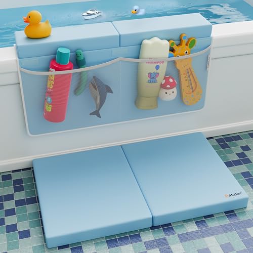 Image of Bath Kneeler and Elbow Rest Pad Set - Baby Bath Kneeler, Bathtub Kneeling Pad, Kneeling Pad for Bathing Baby, Knee & Elbow Saver with 4 Toy Organizer Pockets, (Blue, Large (22 Inches x 13 Inches))