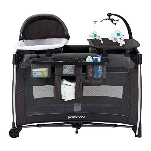 Pamo Babe 4 In 1 Portable Baby Crib Deluxe Nursery Center, Foldable Travel Playard With Bassinet, Mattress, Changing Table For Newborn, Infant, Toddler(Grey) #TOP1