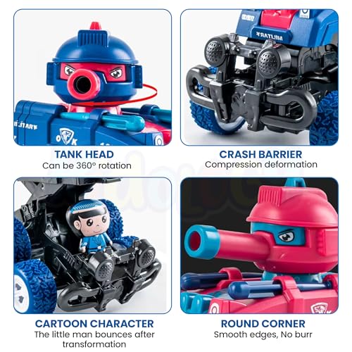 Image of Kidology Transforming Tank Toy Car for Kids | Friction Powered Military Vehicle with Collision Transformation, Pop-Up Soldier, Rotating Turret & Press-to-Launch Missiles - Ages 3+ (Dark Blue)
