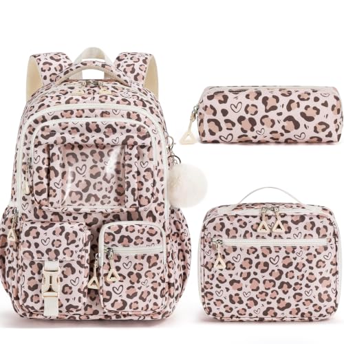 Image of Fimibuke Kids Backpack for School Girls, 3PCS Leopard Backpack w /Lunch Box