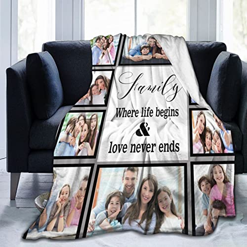 HYHSJY Personalized Blanket with Family Member Photos, add 10 Photos， Where Life Begins and Love Never Ends,Throws Fuzzy Blanket Gifts for Family Lovers Friends Couples Gifts Valentine’S Mother’S