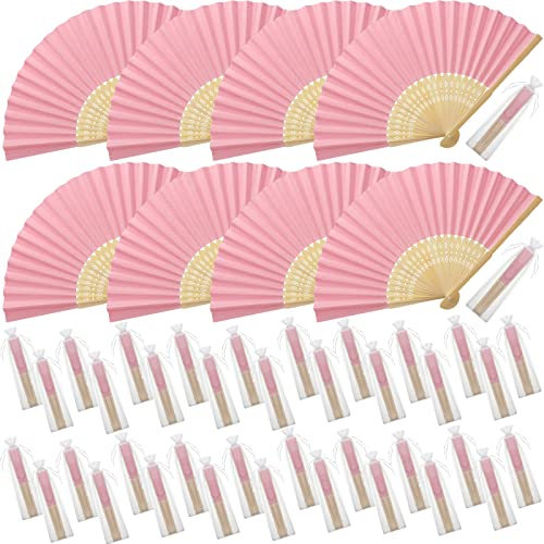 100 Pieces Paper Hand Fan Bamboo Hand Pink Folding Fans with Organza Hand Fan Bags DIY Paper Folded Handheld Fans for Church Wedding Gifts Party Favors Dancing Home Decoration