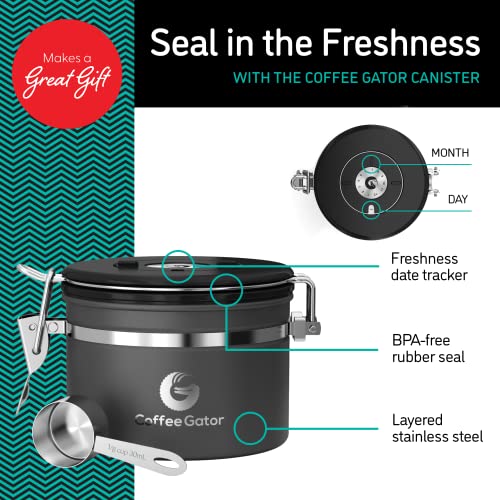 Coffee Gator Kaffeedose Edelstahl, Luftdicht Vorratsdose mit Deckel, Datum Tracker, CO2-Freigabeventil, Messlöffel, für Kaffeebohnen… – Ansicht 2
