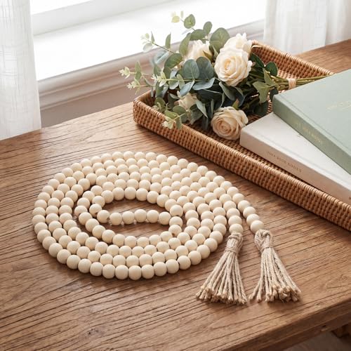 Image of Equsion Wooden Bead Garland with Tassels, Extra Long Fireplace Wood Bead Garlands Rustic Farmhouse Vintage Boho Beads Garland for Party Home Decor Tiered Tray Decorative Beads(Natural Wood Color)