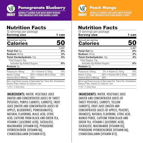 Image of V8 Energy Pomegranate Blueberry and Peach Mango Energy Drinks, 8 fl oz Can (24 Pack)