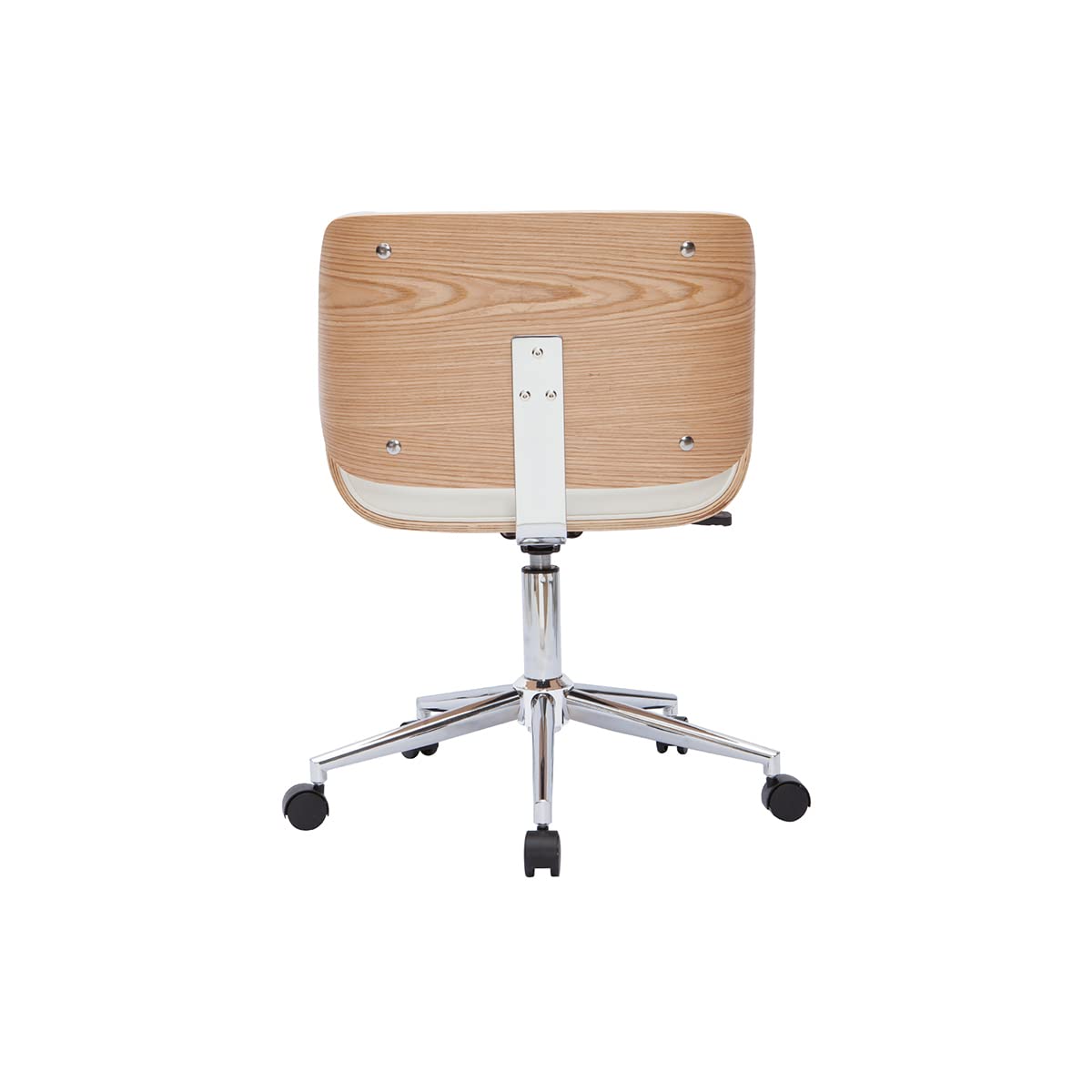 Miliboo - Silla de oficina con ruedas, diseño blanco, madera clara y acero cromado RUBBENS