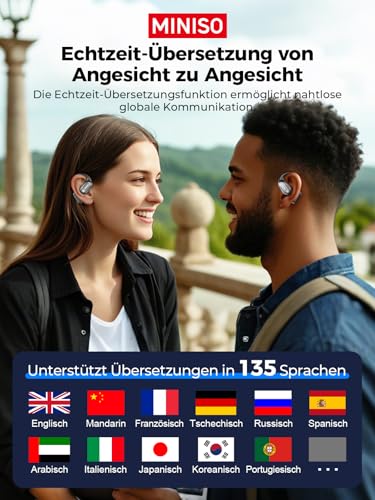 MINISO MS190 AI Übersetzer Kopfhörer, 3-in-1 übersetzungskopfhörer 134 Sprachen mit App, 5 Übersetzungsmodi Echtzeit Übersetzer Ohrhörer, 60H Bluetooth 6.0 kopfhörer übersetzer für Lernen, Reisen