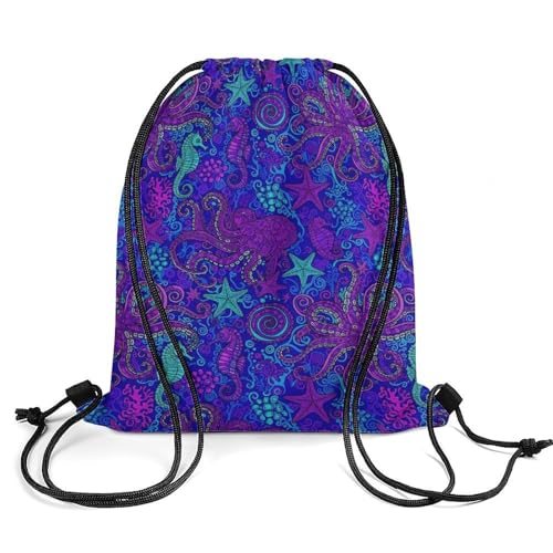 Image of Travel Drawstring Backpack Theft Proof Cinch Sack Water Resistant Sackpack for Camping Hiking Outdoor Sports, Trippy Octopus Art Blue Bags