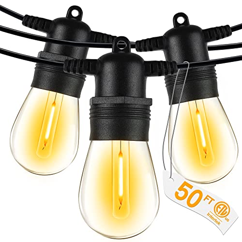 Ollny Outdoor String Lights, 50 FT Waterproof Connectable Patio Lights with 15 Shatterproof Bulbs(2 Spare), Outside Hanging Lights for Balcony, Porch, Yard, Garden, Backyard