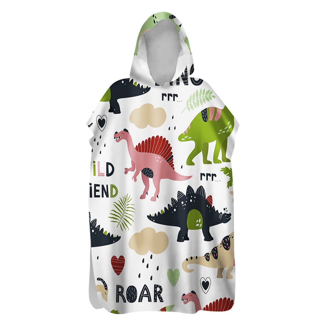 Hiseng Changing Robe Microfibre Surf Poncho Towel for Kids Adult, Cartoon Print Lightweight Quick Dry Bathrobe Wetsuit Beach Surfing Swimming Towel Poncho with Hooded (Dinosaur,75x145cm)