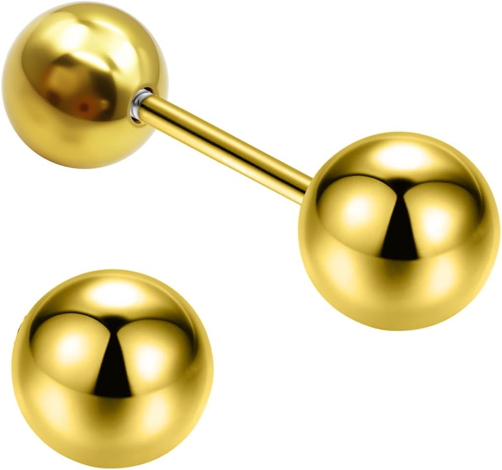 14K Yellow Gold Ball Stud Earrings for Women & Men, Secure Screw Back Design, 4mm-8mm