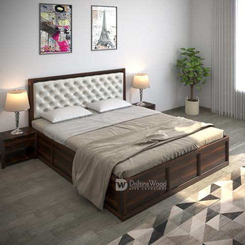 Image of DRIFTINGWOOD Dolvi Sheesham Wood King Size Bed with Storage | Wooden Double Bed Cot Bed with Box Storage & White Rexine Upholstered Cushioned Headboard for Bedroom | Walnut Finish
