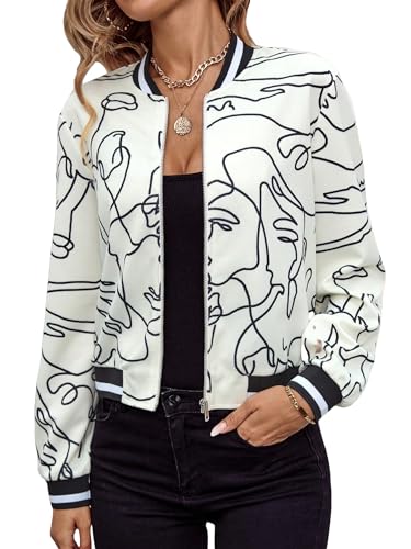 WDIRARA Women's Figure Print Long Sleeve Zip Up Bomber Jacket Colorblock Baseball Collar Drop Shoulder Coat Outerwear