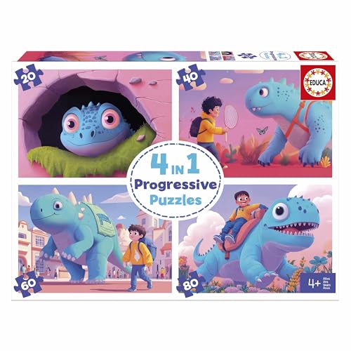 4 Puzzles EDUCA Dinos sympathiques 20+40+60+80 pièces