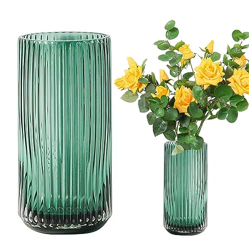 XPJBKC Grüne Glasvase, verdickte gerippte Blumenvase, grüne dekorative Vase...
