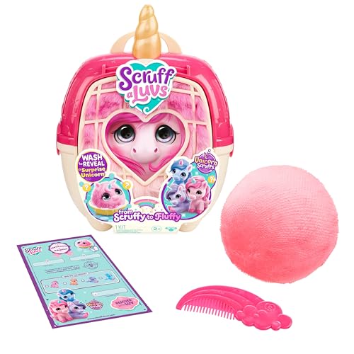 ScruffaLuvs Unicorn Scruffs - Pink - Plush Toy 19cm Tall - Wash to Reveal 1 of 4 Unicorns with a special horn- Includes 28cm Deluxe Pet Carrier with Gold Horn Nurturing Care & Play Gift for Kids