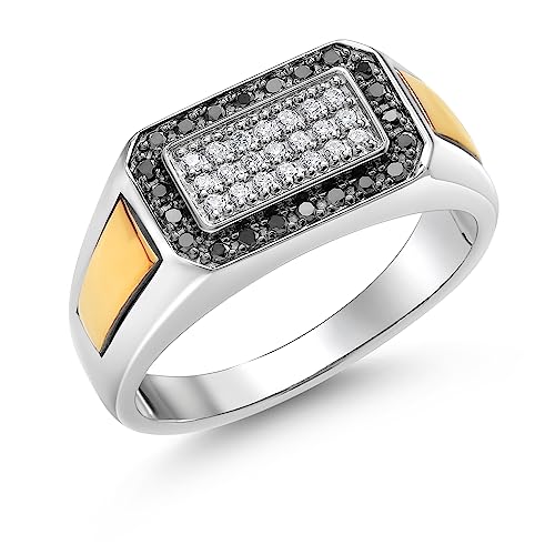 Gem Stone King Men's 925 Sterling Silver and 10K Yellow Gold Black Diamond and White Lab Grown Diamond Ring For Men | 0.43 Cttw | 9.5MM Width | Available in Size 7,8,9,10,11,12,13