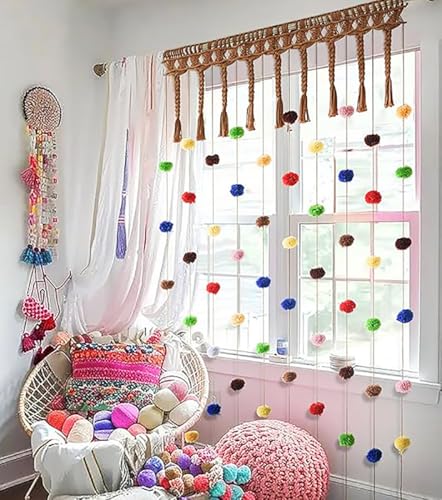 IOWER Doorway Curtain with Color Pom Pom Macrame Boho Layered Look for Kids, Toddler Room, Baby Room, Nursery Decor or Party Backdrop