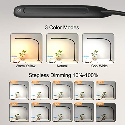 YOUKOYI Lampe de Bureau LED 9W Lampe de Table Architecte Flexible avec Pince 3 Modes de Couleur et Gradation en Continu Lampe de Travail Lampe de Lecture de Protection des Yeux, Noir - Image 3