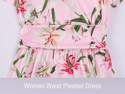 Image of Mommy and Me Floral Dresses Mother Daughter Matching Short Sleeve Tshirt Midi Dress Crew Neck Outfits with Pockets