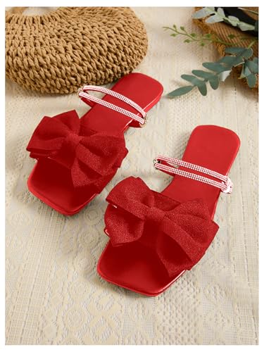 Image of GORGLITTER Women's Bow Flat Sandals Dressy Rhinestone Comfortable Sandals | Cute Slip On Slides, Strappy Flats, Square Toe, Sparkly Dressy Party Wedding Sandals for Bride