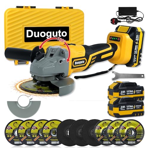 Duoguto 21V Cordless Angle Grinder with 2 Batteries and Charger,125MM Discs×10 for Cutting/Grinding/Polishing, Battery Angle Grinder Brushless 8500 RPM, Carrying Case Included