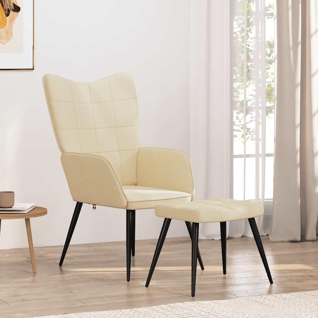 Sillón de relax con taburete de tela crema acolchado ergonómico con reposabrazos y respaldo, muebles de salón para salón y oficina, giratorio, moderno escandinavo, pequeño y cómodo
