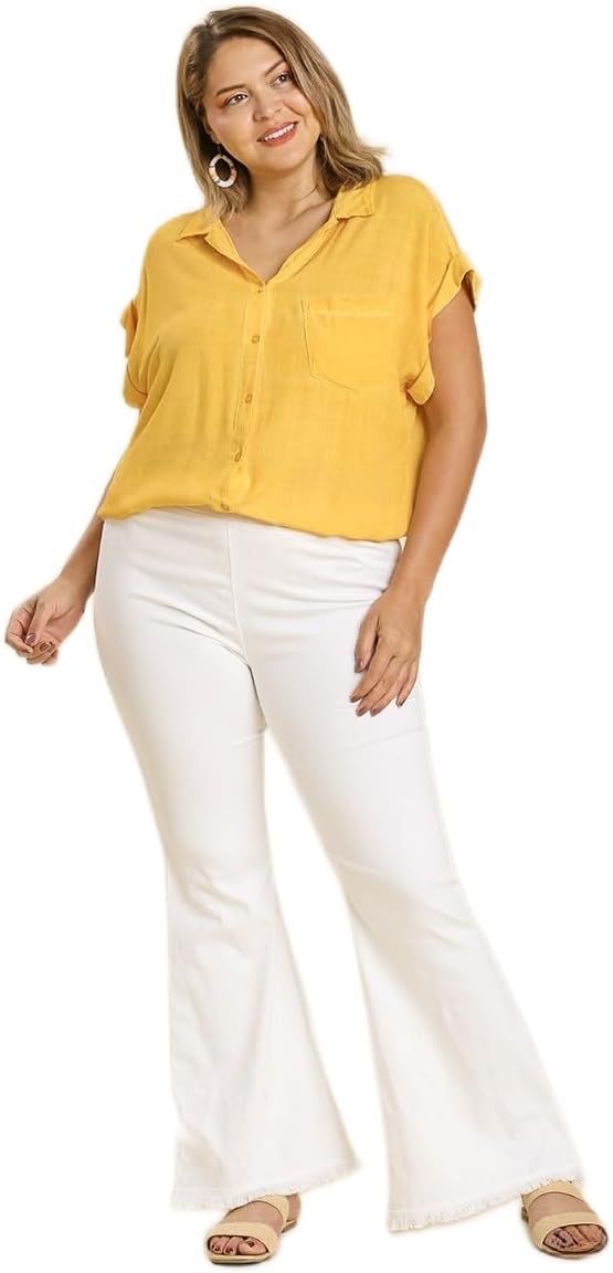 Umgee Stretch Wide Flare Leg Pants with Elastic Waist and Frayed Hem Off-White