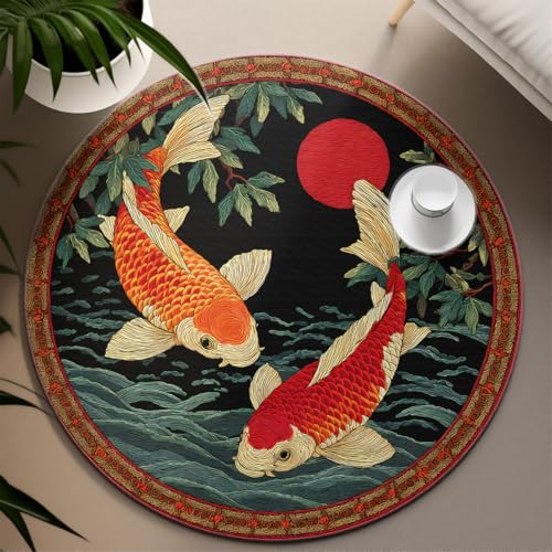 UERWOWELL Alfombras Redondas pez Koi asiático 200cm Diseño Carpa al Estilo japonés Alfombra Pelo bajo y Alfombra Antideslizante Circular decoración del hogar Primavera para el Año Nuevo Chino