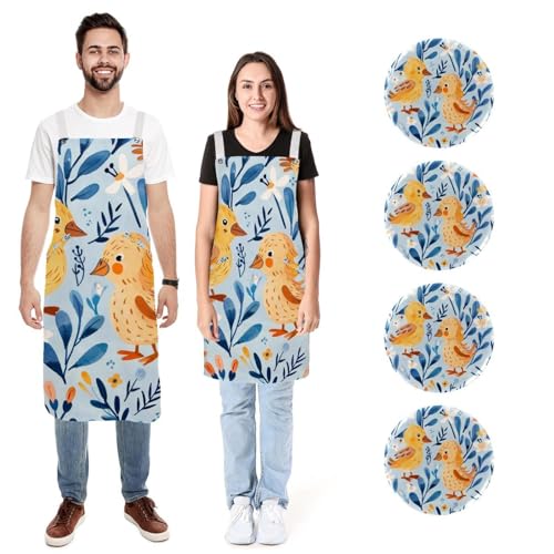 Tablier de cuisine lin anti tache réglable avec poches motif canard