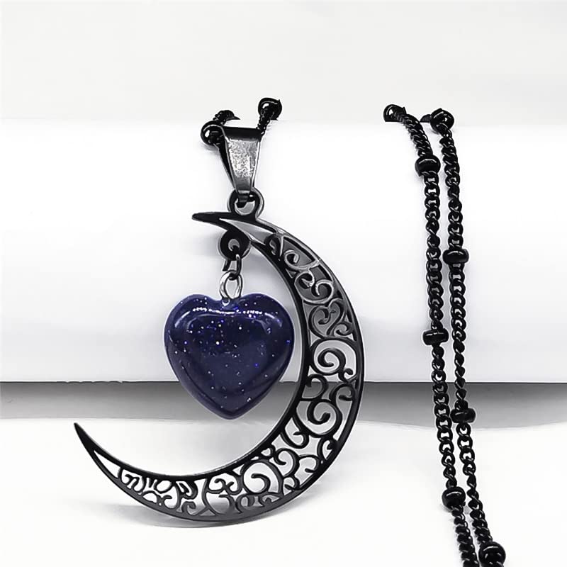 Black Color Stainless Steel Natural Stone Charm Necklace Women Moon Heart Necklace Jewelry acero inoxidable joyeria N1130S03 1T7SB (Lansha 50cm JZP BK)