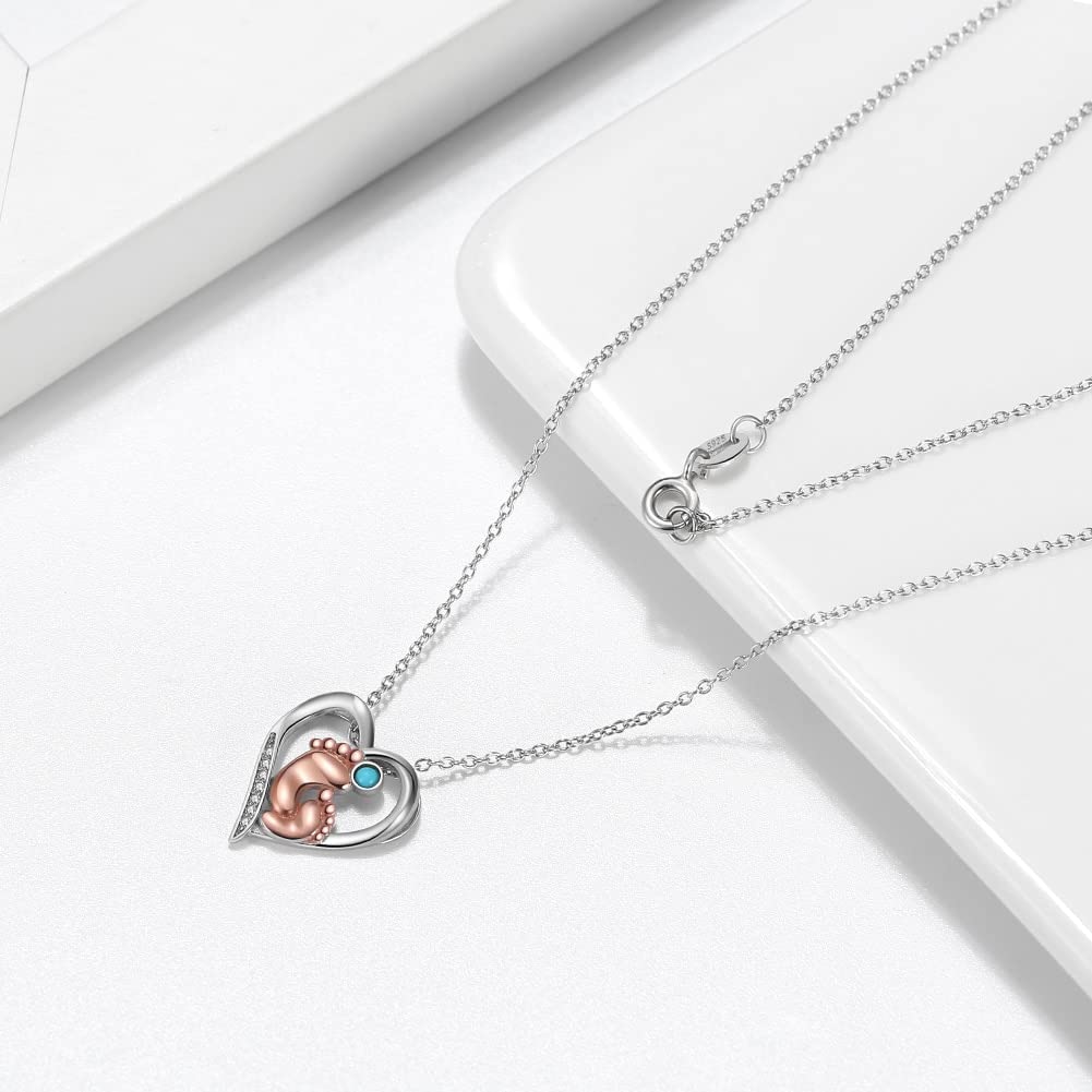 Collana con Ciondolo da Donna in Argento 925 con Ciondolo A Forma di Cuore con Design A Forma di Piede di Bambino Turchese Naturale. Regalo di Gioielli per La Festa della Mamma