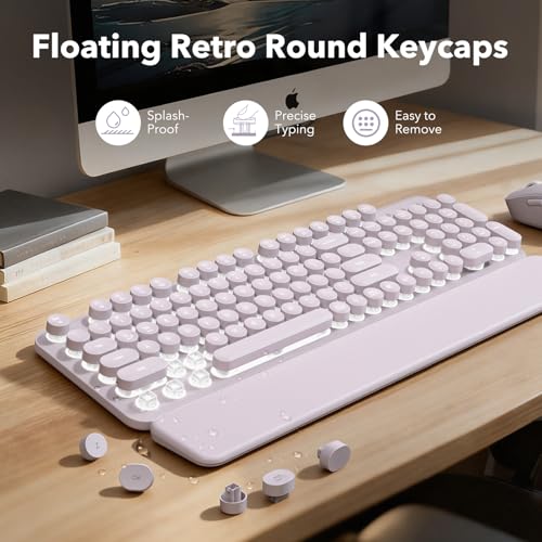 Image of Wireless Keyboard and Mouse Combo, Backlit Round Keycaps, Retro Typewriter Keyboard with Magnetic Wrist Rest, USB-C Rechargeable & Tilt Legs, 2.4GHz Cordless for Mac Windows PC (Glowing Pastel Purple)
