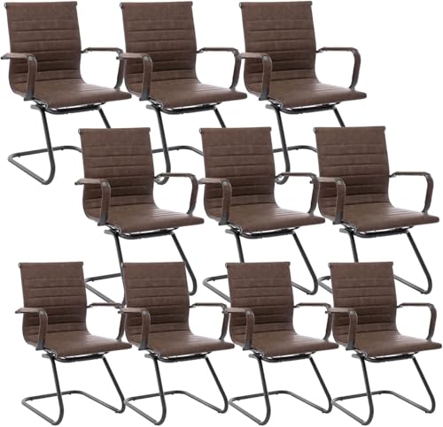 Image of HNY Leather Office Guest Chairs & Reception Chairs Set of 10, Modern Waiting Room Chairs with Arms, Desk Chair no Wheels with Sled Base for Waiting Room /Conference Room, Retro Brown